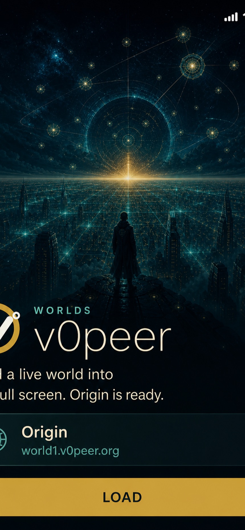 v0peer home screen with Origin selected and a Load button